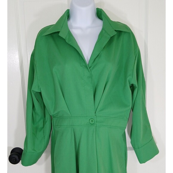 Women's Green Collared Shirt Dress Long Sleeve Midi Pleated Dress By UOOZEE - Picture 4 of 16